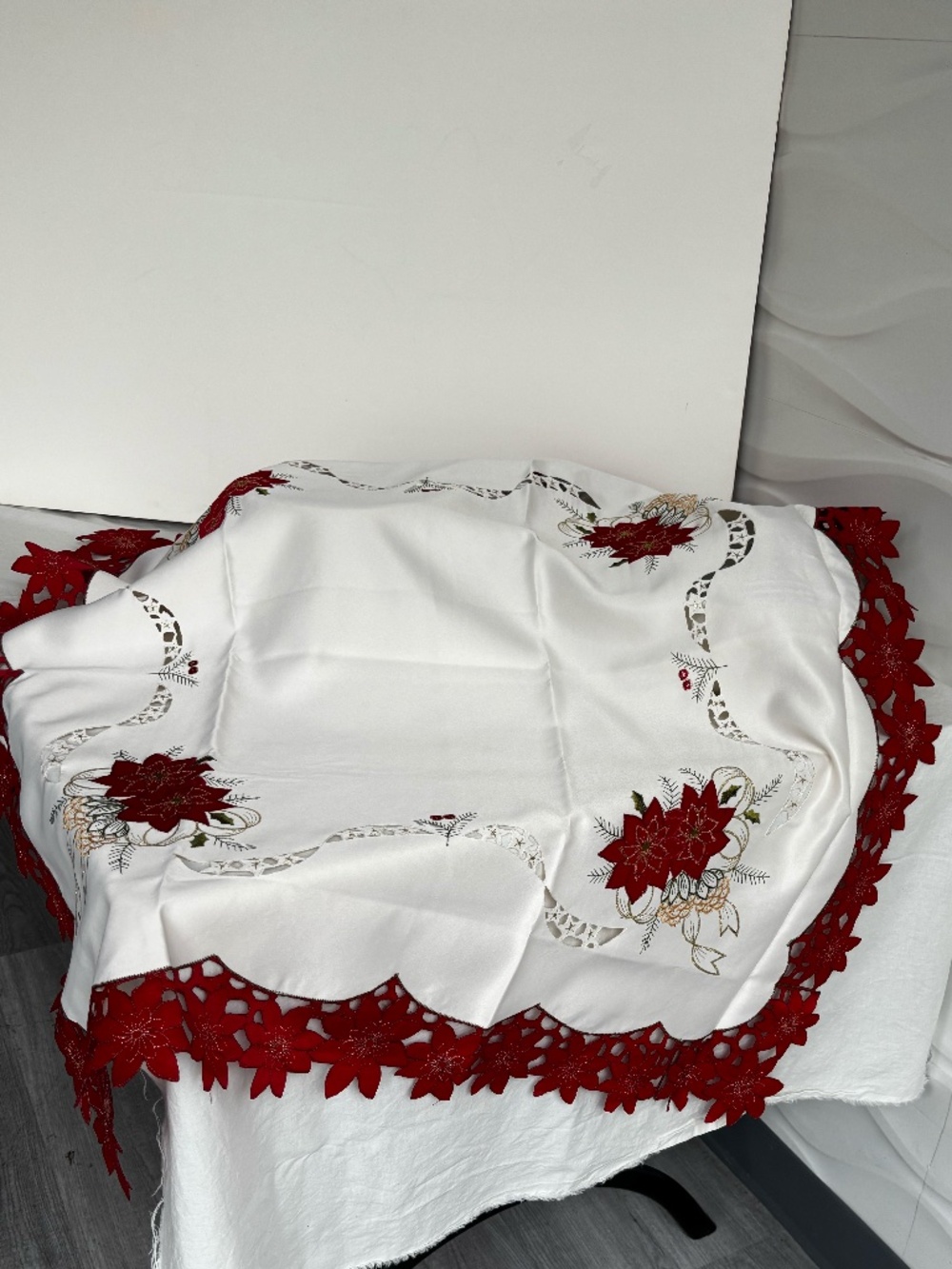 Ivory Satin Christmas Tablecloth with Red Poinsettia